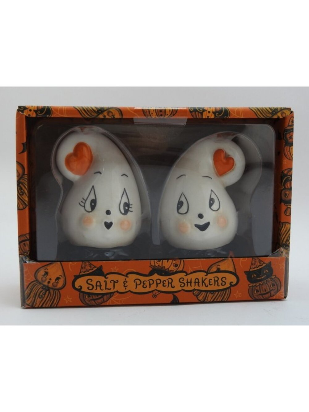 Johanna Parker Ghost Halloween Ceramic Salt & Pepper Shakers Set New Box  Orange